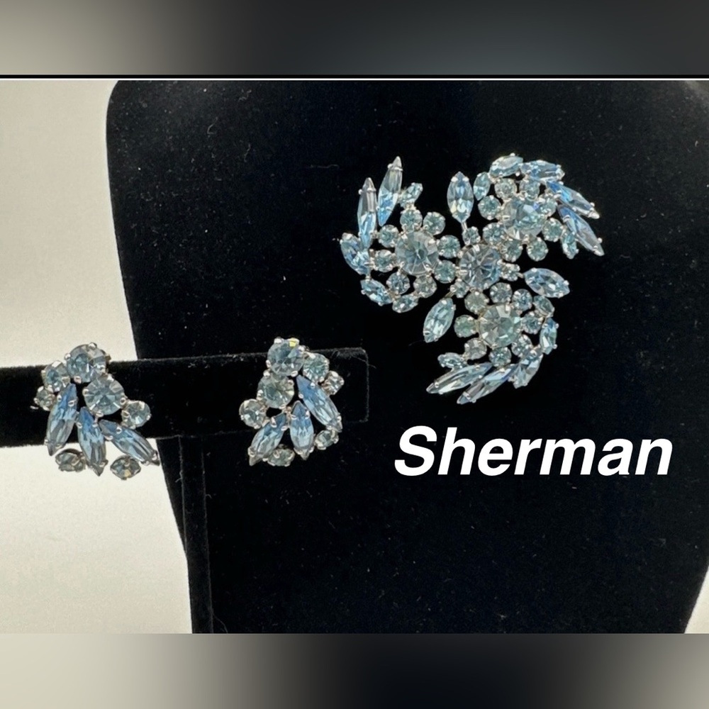 Vtg Sherman Signed Montana Blue Brooch & Earring Set Mint